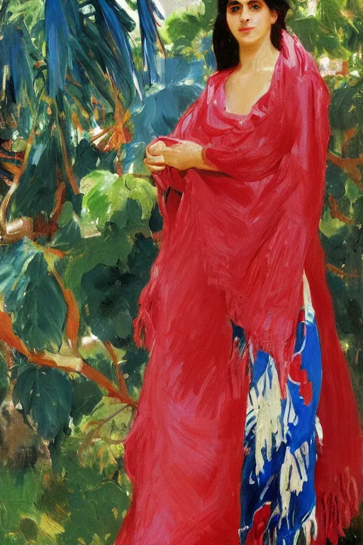 Image similar to portrait of persian girl with arabesque red and blue detailed scarf near bougainvillea and mexican fan palms, painting by john singer sargent