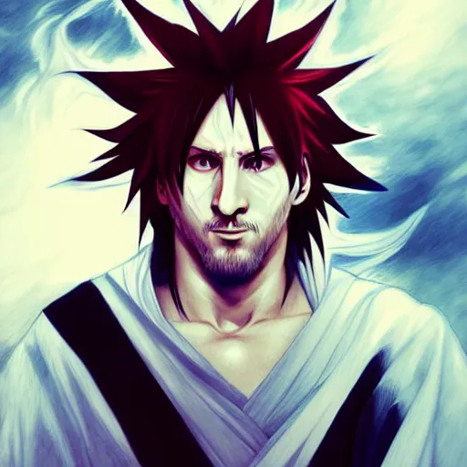 Image similar to lionel messi as ichigo kurosaki from bleach, d & d, fantasy, intricate, elegant, highly detailed, digital painting, artstation, concept art, matte, sharp focus, illustration, art by artgerm and greg rutkowski and alphonse mucha