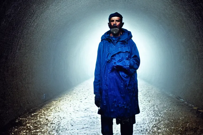 Prompt: a cinematic headshot photograph of a beautiful homeless war veteran, stood in a tunnel, rain, film still, cinematic, dramatic lighting, blue color theme, by bill henson and annie leibovitz