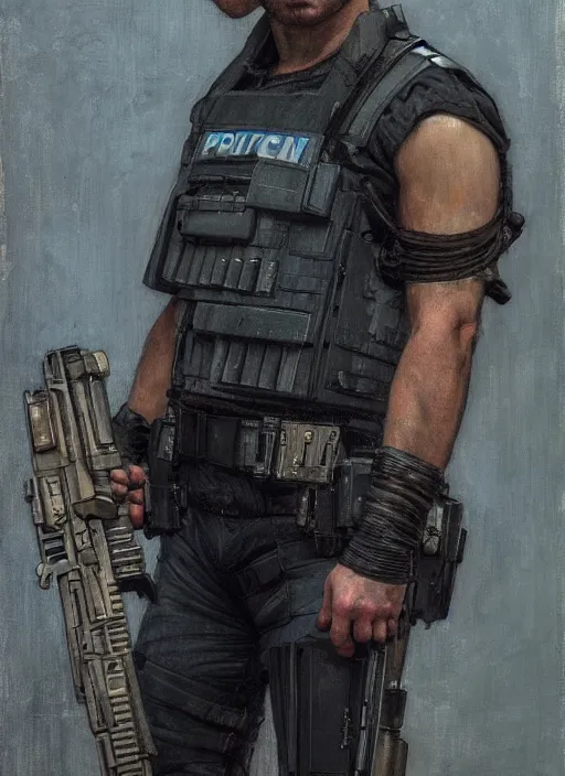 Prompt: 🐷. cyberpunk police trooper in a military vest ( blade runner 2 0 4 9, cyberpunk 2 0 7 7 ). orientalist portrait by john william waterhouse and james gurney and theodore ralli and nasreddine dinet, oil on canvas. cinematic, hyper realism, realistic proportions, dramatic lighting, high detail 4 k