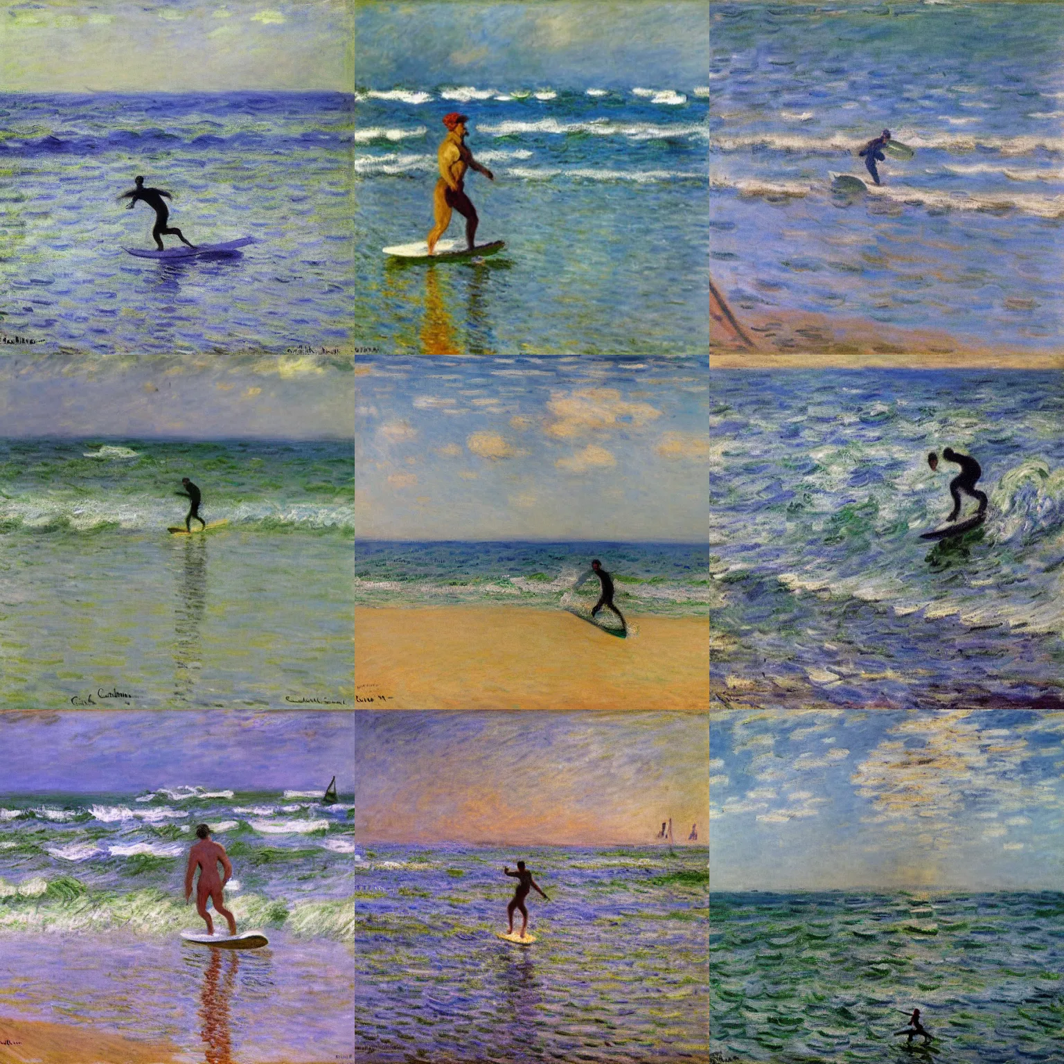 Prompt: man surfing by claude monet