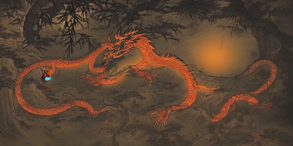 Image similar to mysterious glowing dragon at night, in the forest, chinese art