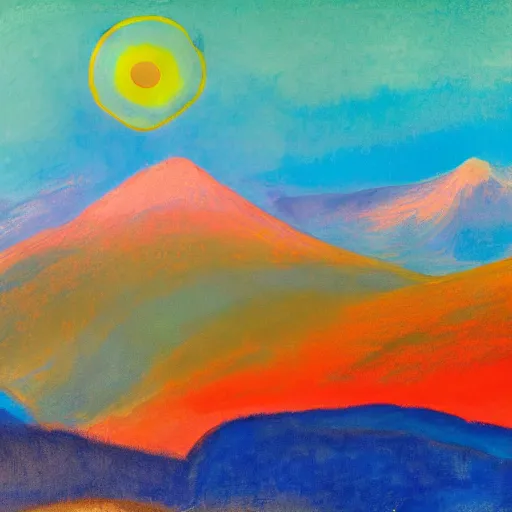 Image similar to a wide landscape of the austrian alps at sunrise in the summer, painting in the style of hilma af klint, futuristic, bright colors,