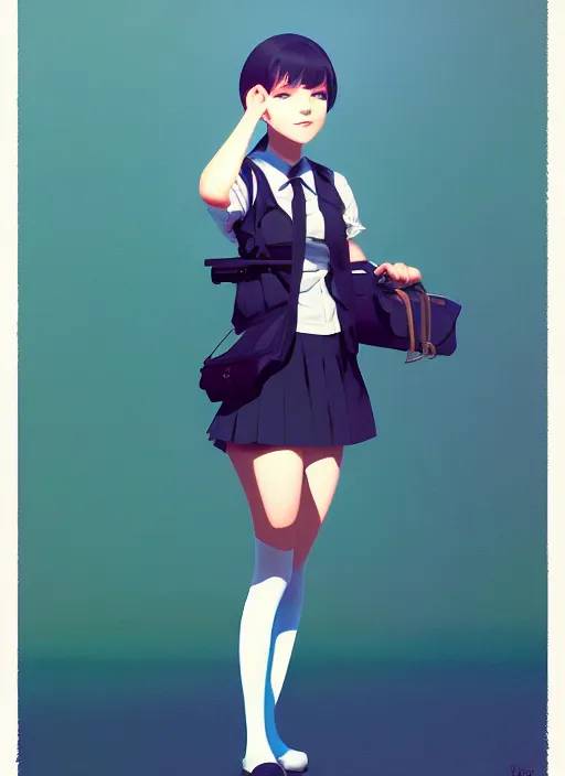 Image similar to full body beautiful and cute and aesthetic school girl greeting, very slightly smiling, wave a hand at the camera, perfect face, symmetric eyes, sharp focus, specular reflection, occlusion shadow, artstation, by ilya kuvshinov and jeremy lipking, light novel cover art, 3 d epic illustrations, symmetric body