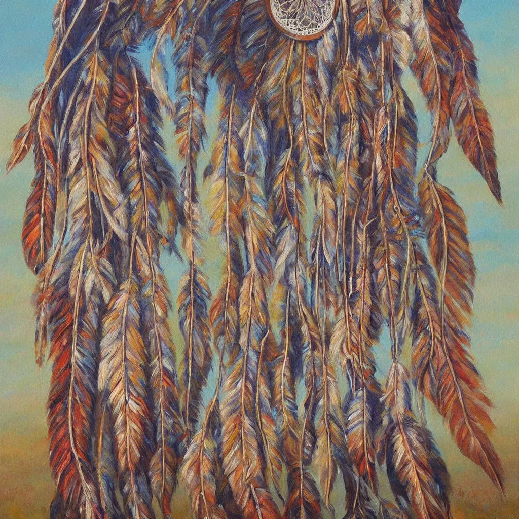 Prompt: dreamcatcher, native american art, peaceful, countryside, realistic, oil painting