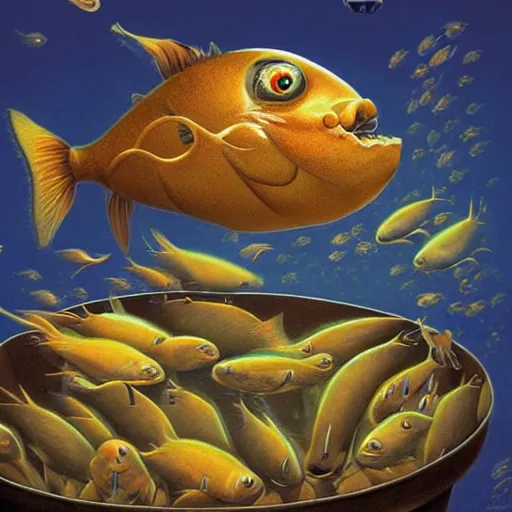 Prompt: a worried fish sitting on the top of a pile of fish, all the fish are inside a cooking pot, side view, by vladimir kush, dystopian art, rococo