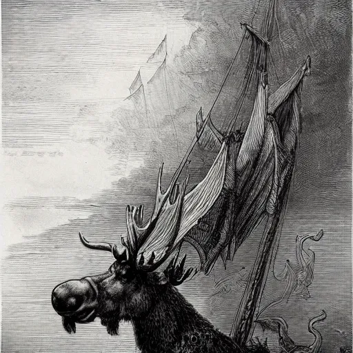 Image similar to anthropomorphic moose barbarian humanoid by gustave dore, pirate ship, sea, fantasy