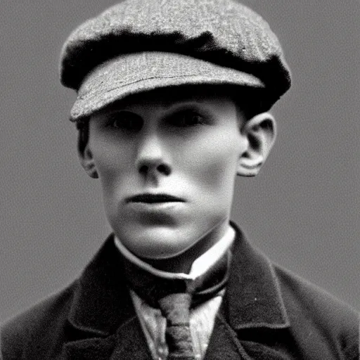 Image similar to A photograph portrait of Jerma985 wearing a newsboy cap in the early 1900s, taken in the early 1900s, grainy, taken on a early 1900s Kodak Camera, realistic, hyperrealistic, very realistic, highly detailed, very detailed, extremely detailed, detailed, digital art, trending on artstation