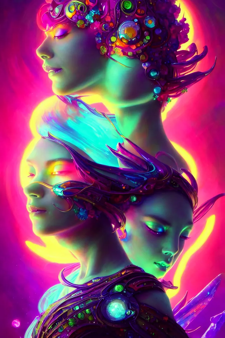 Prompt: epic scale cinematic full body chromaticity goddess character concept perfect focus closeup macro photography of a beautiful colorful crystals powder liquids, glowing fluorescent velvet neon blacklight hues and saturation, sacred dmt weed goddess visionary fantasy art by greg rutkowski android jones artgerm max chroma mucha rule of thirds golden ratio alien plants