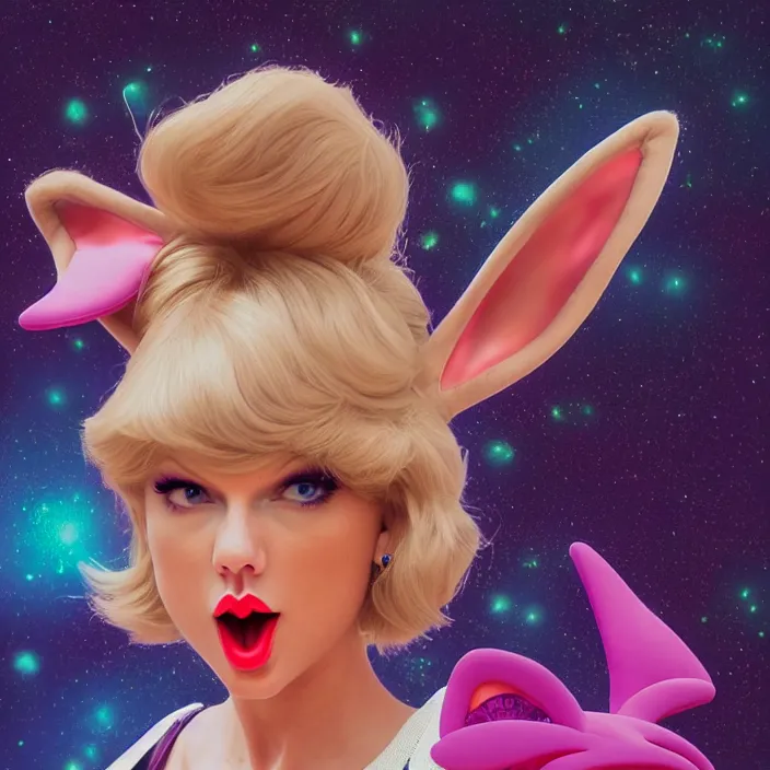 Image similar to portrait of Taylor Swift as Lola Bunny in Space Jam 1996. bunny ears. HD. intricate artwork. by Tooth Wu, wlop, beeple, dan mumford. octane render, trending on artstation, greg rutkowski very coherent symmetrical artwork. cinematic, hyper realism, high detail, octane render, 8k, iridescent accents