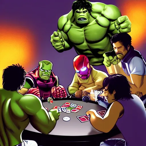 Image similar to The Avengers playing Texas Hold'em Poker at a round table, Hulk going all in, trending digital art, artstation