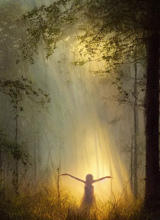 Image similar to misty swamp, hazy fog, sundown golden hour, early morning dance, smile, fireflies and sparkling wisps, rainbow sun rays through trees, Lilia Alvarado, Sophie Anderson, Mark Arian, Bob Byerley, Charlie Bowater, Mark Brooks, Steve Henderson, Justin Gerard, Arthur Hughes, Edward Robert Hughes, Mark Keathley, Victor Nizovtsev, Carlos Shwabe, Ross Tran, WLOP