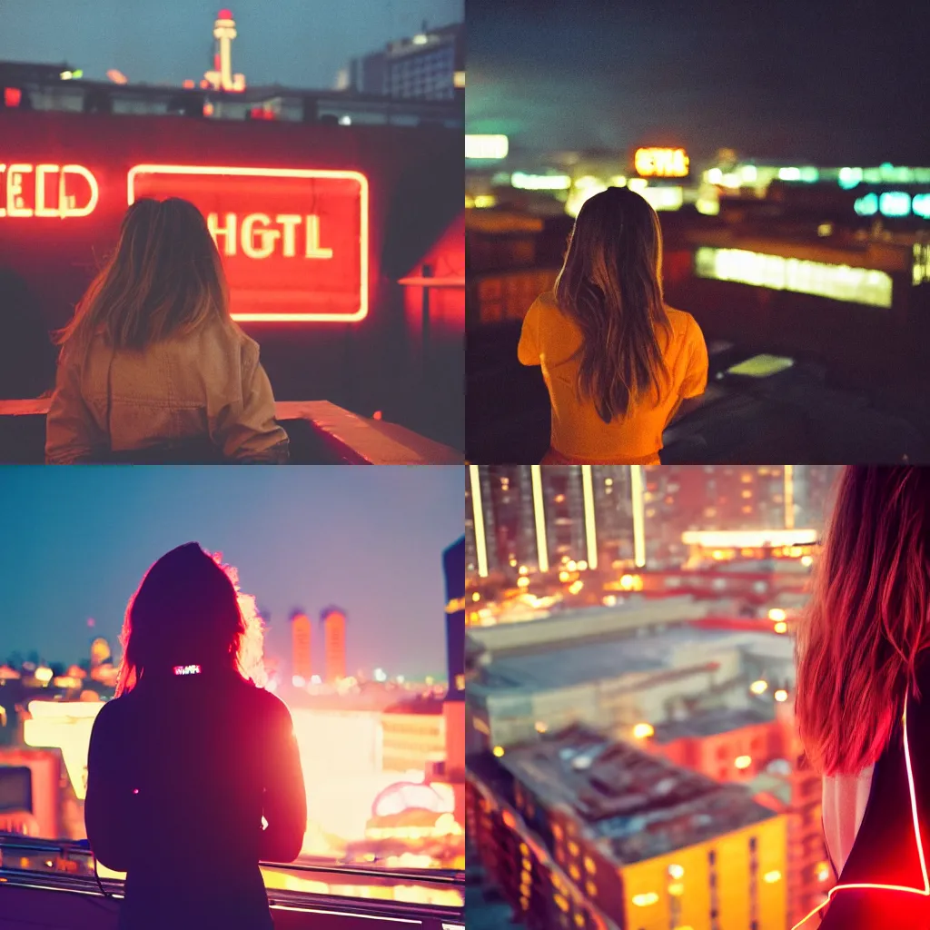 Prompt: A photography of a woman from the back in a rooftop. In the background there is a red neon sign that says HOTEL. Neo noir style. High quality. Cinematic. Extreme Swirly bokeh. Cinestill 800T film. Depth of field. Lens flare. Detailed.