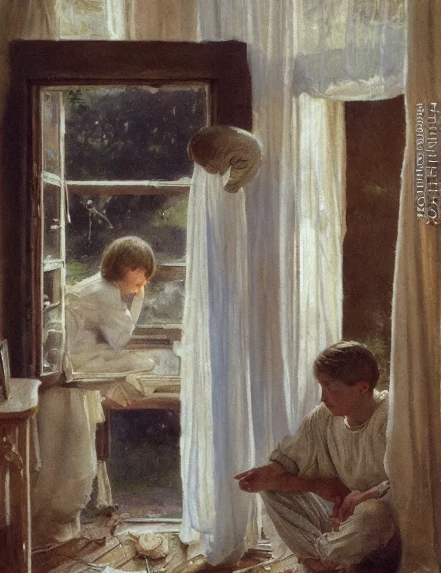 Image similar to peasant boy praying in country house in front of an icon, cottage core, cinematic focus, polaroid photo bleached vintage pastel colors high - key lighting, soft lights, foggy, by steve hanks, by lisa yuskavage, by serov valentin, by tarkovsky, detailed, oil on canvas