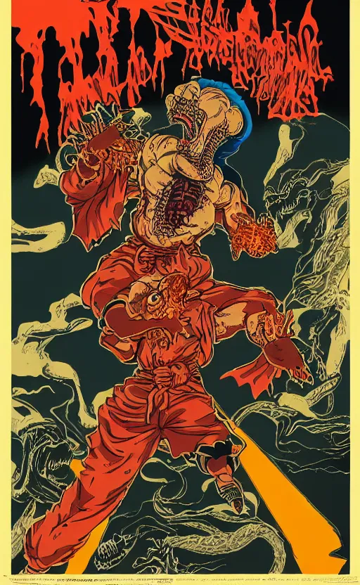 Prompt: cursed with necronomicon horrorcore cel animation poster depicting saiyan murdering a rat, intricate faces, metropolis, 1 9 5 0 s movie poster, post - processing, vector art