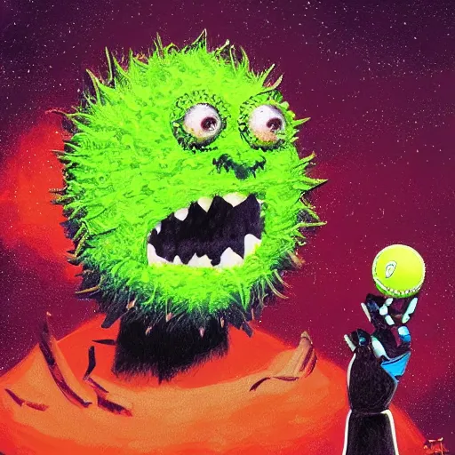 Image similar to a tennis ball monster in space , digital art, fantasy, magic, trending on artstation, ultra detailed, professional illustration by Basil Gogos