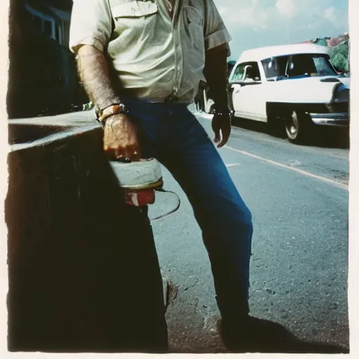Prompt: fidel castro wearing sunglasses and denim!!!!! shorts!!!!!, low angle, full body portrait, 3 5 mm film, clear face, by nan goldin