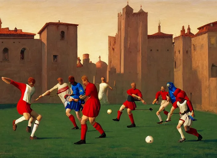 Image similar to aslouchy medieval knights playing soccer, rome, highly detailed, soft lighting, elegant, by edward hopper and james gilleard, zdzislaw beksinski, steven outram, highly detailed