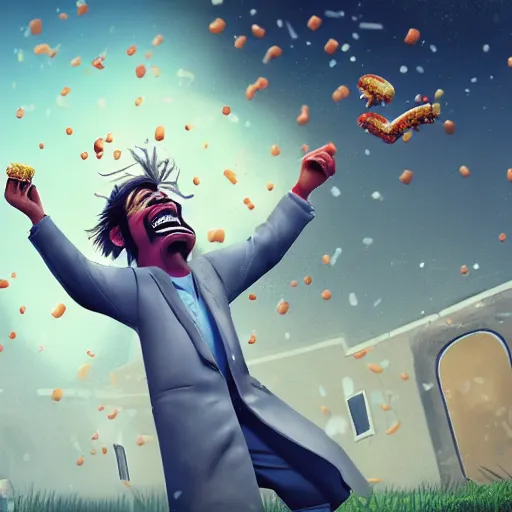 Prompt: a mad scientist in his back yard laughing happily at the hamburgers which are falling from the sky , concept art, trending on artstation 3D.