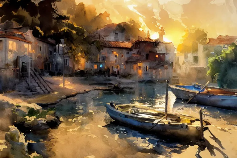 Prompt: paint brush strokes, abstract watercolor painting of rustic mediterranean village at nightfall, lantern, ambient lighting, art by hans dahl, by jesper ejsing, art by anders zorn, wonderful masterpiece by greg rutkowski, cinematic light, american romanticism by greg manchess, creation by tyler edlin