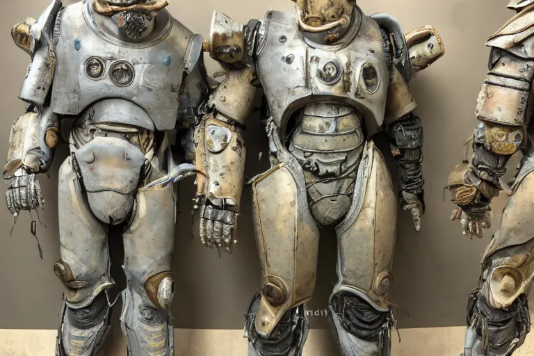 Prompt: photo taken of an epic intricate, ultra detailed, super realistic gritty, hero prop, exquisitely weathered very clunky, bulky fallout 5 power armour suits movie prop replica's in a row in the workshop, created by weta workshop, full body shot, photorealistic, sharp focus, white wall, cold colour temperture, golden ratio