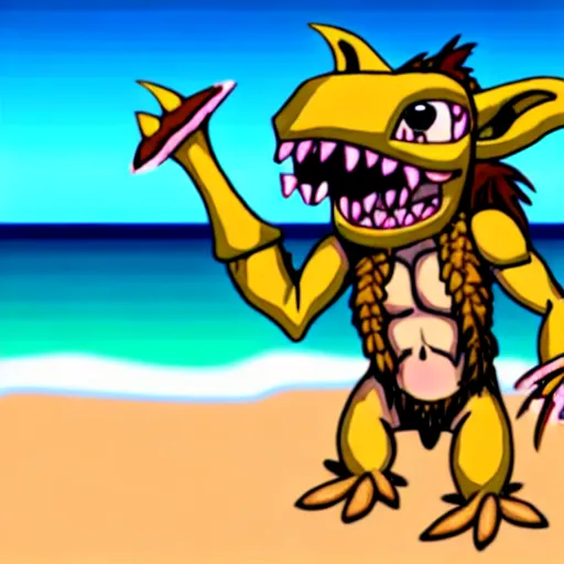 Image similar to Kobold wearing caveman clothes at a beach