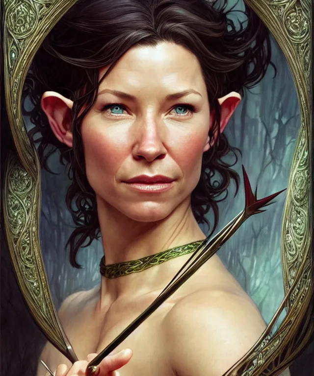 Image similar to Evangeline Lilly as a fantasy elf with a bow and arrow, portrait, fantasy, intricate, elegant, highly detailed, digital painting, artstation, concept art, smooth, sharp focus, illustration, art by artgerm and greg rutkowski and alphonse mucha