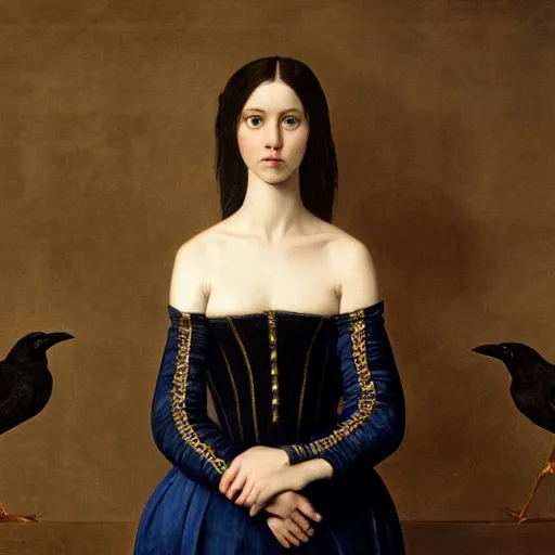 Prompt: full body portrait of a dark haired girl, long hair, pale beautiful gentle face, blue eyes, intricate goth dress, among ravens, highly detailed, deep focus, elegant, digital painting, smooth, sharp focus, golden ratio, illustration, ultra realistic, 8 k, art by artemisia lomi gentileschi and caravaggio