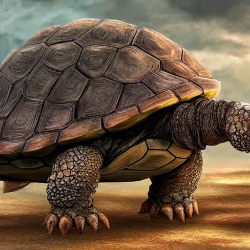 Image similar to gargantuan tortoise with a large fantasy castle armor walking through a sandy wasteland, howls moving castle, mortal engines, kaiju, distant shot birds eye view, fantasy, hyper detailed, 4 k,