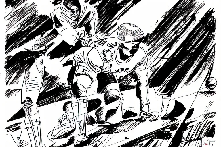 Image similar to cristiano ronaldo taking a penalty shot, a page from cyberpunk 2 0 2 0, style of paolo parente, style of mike jackson, adam smasher, johnny silverhand, 1 9 9 0 s comic book style, white background, ink drawing, black and white