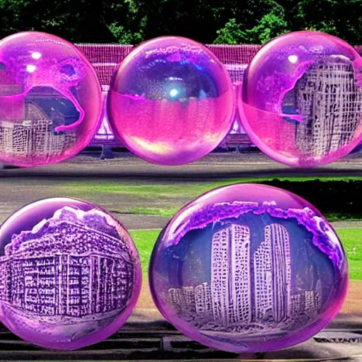 Image similar to giant pink purple bubbles with cities inside them, extremely detailed