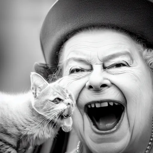 Image similar to queen elizabeth ii screaming at a kitten, canon eos r 3, f / 1. 4, iso 2 0 0, 1 / 1 6 0 s, 8 k, raw, unedited, symmetrical balance, wide angle