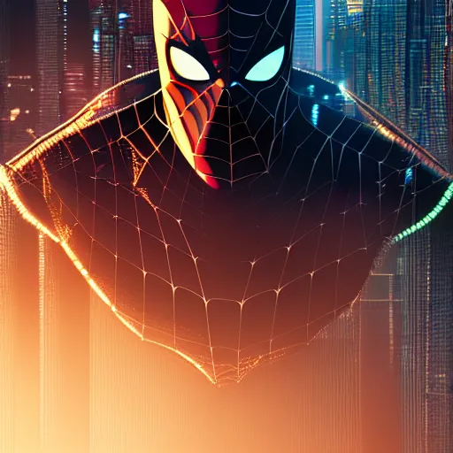 Prompt: a portrait of a spiderbatman , cyberpunk, highly detailed,4K UHD image