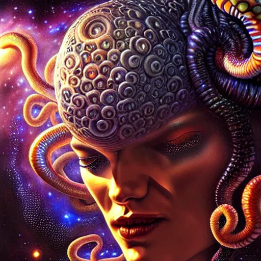 Image similar to uhd photorealistic cosmic lovecraftian gorgon in space. amazing detail, correct face, bizarre looking, by karol bak and zawadzki, hyperdetailed. intricate details with studio lighting.