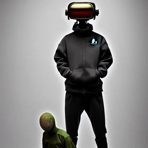 Image similar to Colour aesthetic Caravaggio style full body Photography of Highly detailed gopnik with 1000 year old detailed face, wearing Adidas sport suit and wearing highly detailed retrofuturistic sci-fi Neural interface designed by Hiromasa Ogura . In style of Josan Gonzalez and Mike Winkelmann and andgreg rutkowski and alphonse muchaand and Caspar David Friedrich and Stephen Hickman and James Gurney and Hiromasa Ogura. Rendered in Blender and Octane Render volumetric natural light