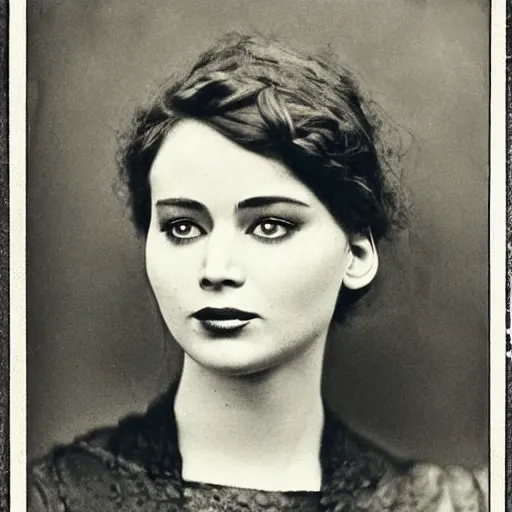 Image similar to victorian photograph of a mix of jennifer lawrence and lilly collins, 1 8 9 0 s photography, 1 9 0 0, realistic face, symmetrical face, studio photograph, grainy, edwardian, old photo