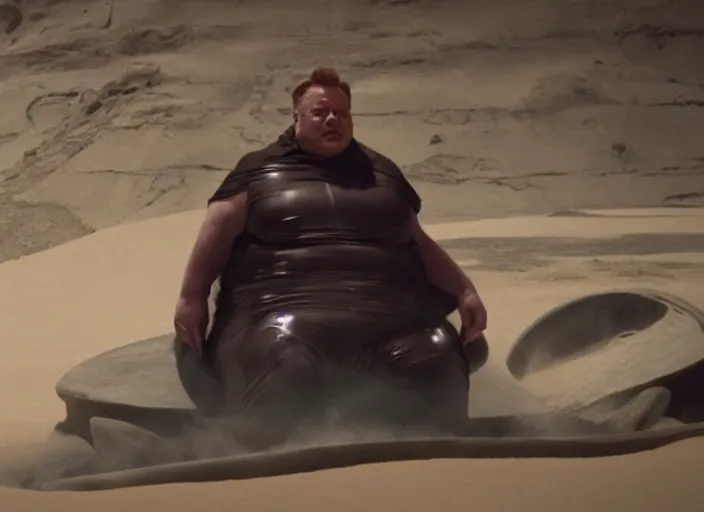 Image similar to elon musk as baron harkonnen in a black oil bath, Dune, Denis Villeneuve, film look