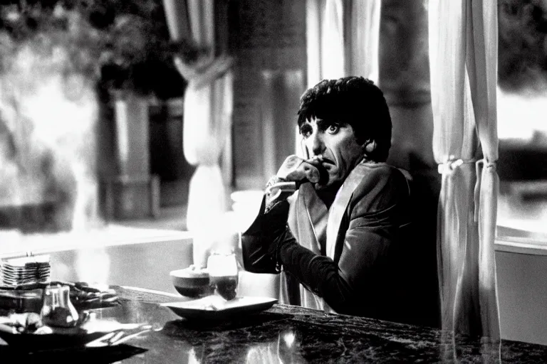 Image similar to tony montana from movie scarface 1 9 8 3 sitting at a big black oak table with ( big polyethylene packages of flour ). next to the night window. ( al pacino ). perfect symmetric face, coherent eyes,, fine details, 4 k, ron cobb, cinestill