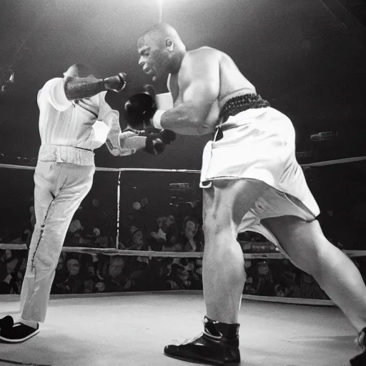 Prompt: a beautiful medium - shot of mike tyson punching to blood fat donald trump, beautiful soft light, sport photography, fast shutter speed, by annie leibovitz