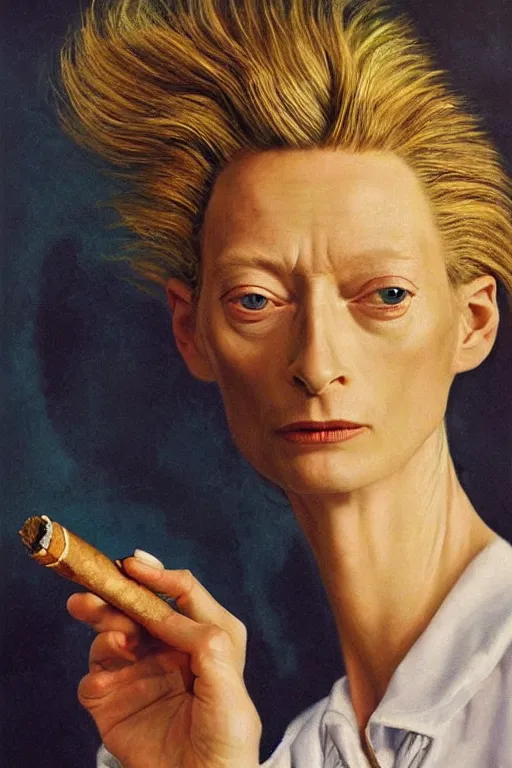 Prompt: a photorealistic portrait of tilda swinton as assumpta corpuscularia lapislazulina smocking a cuban cigar by salvador dali, oil painting, surrealism, masterpiece!!, hyper - detailed, centered, distorted