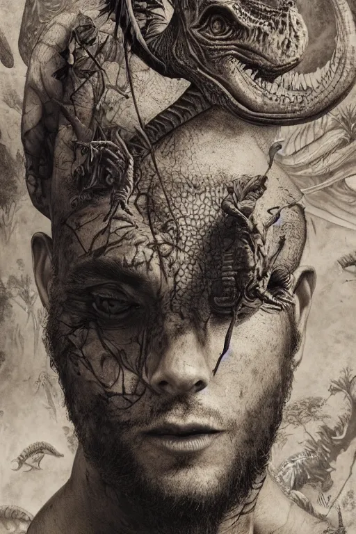 Prompt: hyperrealistic hyper detailed neo-surreal close-up 35mm portrait of levitating psychedelic shaman covered in dinosaur tattoos, rococo matte painting concept art very dramatic lighting low angle hd 8k sharp shallow depth of field