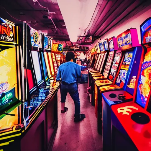 Image similar to A busy arcade in the 80's, perfect face, intricate, Sony a7R IV, symmetric balance, polarizing filter, Photolab, Lightroom, 4K, Dolby Vision, Photography Award