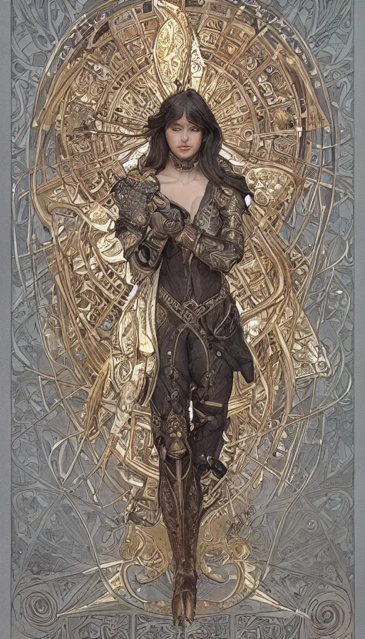 Image similar to soldiers in silver armor, highly detailed, very intricate, art nouveau, gold filigree, left right symmetry, tarot concept art watercolor illustration by mandy jurgens and alphonse mucha and alena aenami, featured on artstation