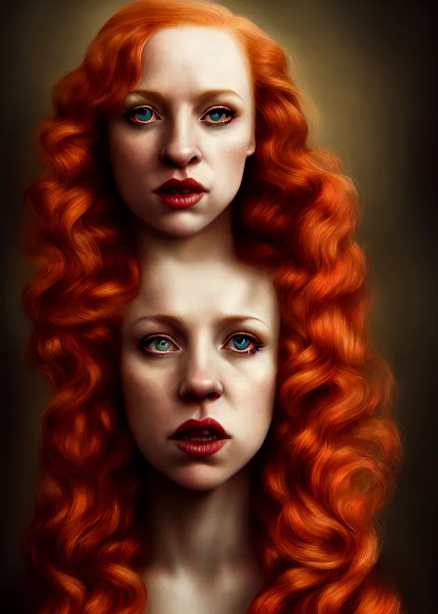 Image similar to epic portrait of stunning strawberry blonde femme fatale, hdr, 4 k,, leesha hannigan, reyna rochin, mark ryden, iris van herpen, best on artstation, cgsociety, wlop, pixiv, gorgeous, much wow, cinematic