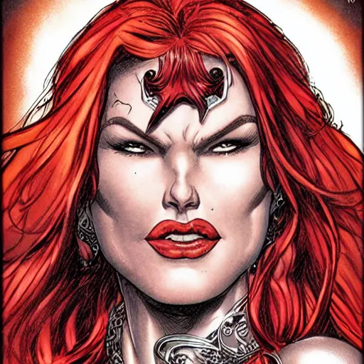 Prompt: Red Sonja portrait by J. Scott Campbell, sly smile.