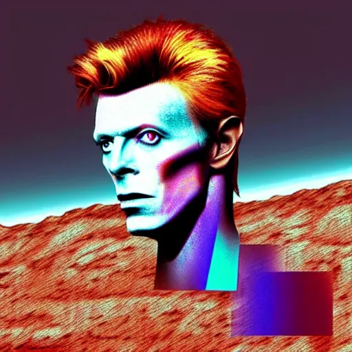 Image similar to glitch art of David Bowie on Mars. Vaporwave style.