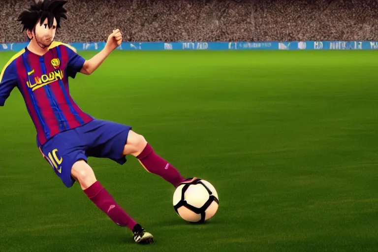 Image similar to anime soccer player scores goal like lionel messi, hyper realism, octane render