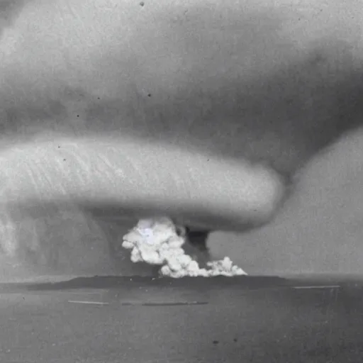 Image similar to cinematic photo of hundreds of zeppelins clustered around an active volcano on an island