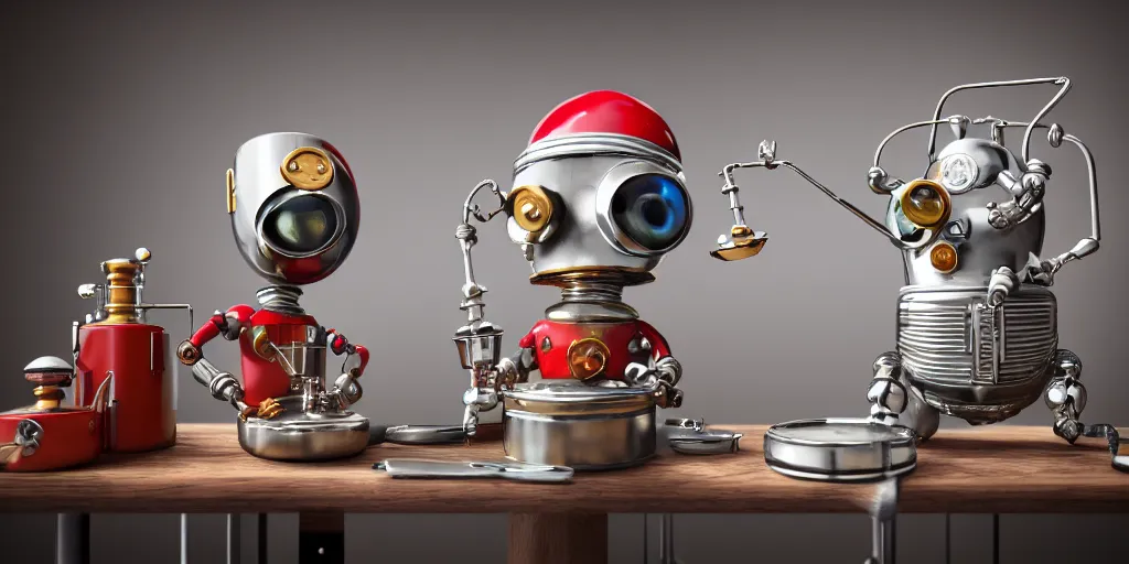 Image similar to closeup portrait of tin toy retro robot chef with flasks in a kitchen, cooking pastry with flasks, depth of field, zeiss lens, detailed, centered, fashion photoshoot, by nicoletta ceccoli, mark ryden, lostfish, breathtaking, 8 k resolution, extremely detailed, beautiful, establishing shot, artistic, hyperrealistic, octane render