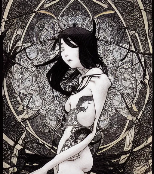 Image similar to yoshitaka amano anime painting, intricate line drawings, pen and ink, alphonse mucha, claire wendling, kentaro miura, ruan jia